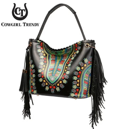 Bright African Bohemian Dashiki Ostrich Fringe Tassels Western Country Handbag Women Shoulder Bag Wallet Set Black