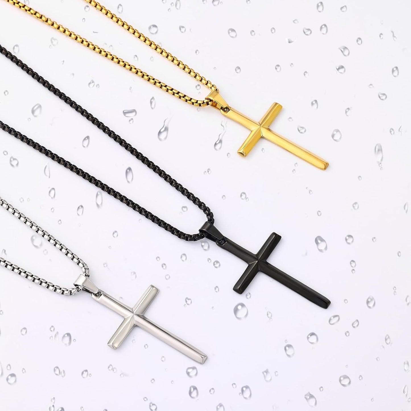 Beveled Edge Cross Necklace for Men, Silver Tone/Black/14K Gold Plated Mens Cross Necklace, 2.5MM Stainless Steel Box Chain with Pendant