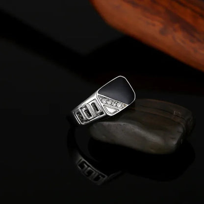 Classic Men's Punk Black Square Fashion Men's Ring Surface Classic Pattern Fashion Silver Plated Ring Size 6-12