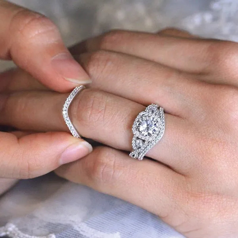 3psc Popular 925 Silver White Diamond Engagement Wedding Anniversary women's set ring size 6-10