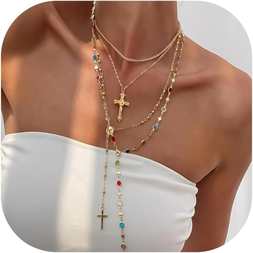 4PCS Layered Gold Cross Necklaces for Women Trendy, Bohemian Bead Pearl Y Long Pendant Necklace Set, Vintage Rosary Necklace Stack Adjustable Length