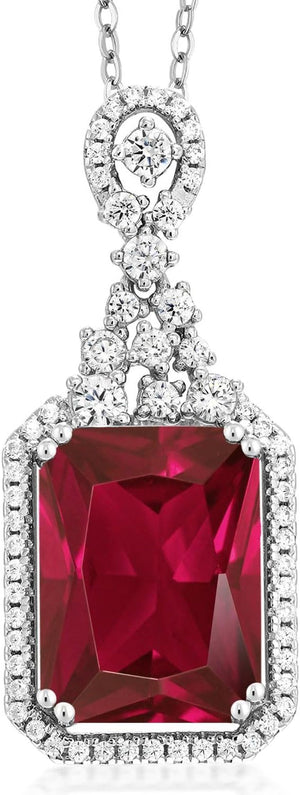 5.60 Cttw Red Created Ruby Pendant Necklace for Women | 925 Sterling Silver | Emerald Cut 14X10MM | with 18 Inch Silver Chain