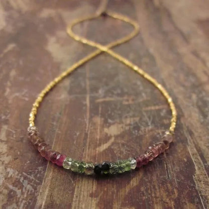 Watermelon Tourmaline Necklace October Birthstone Necklace Gold Beaded Necklaces