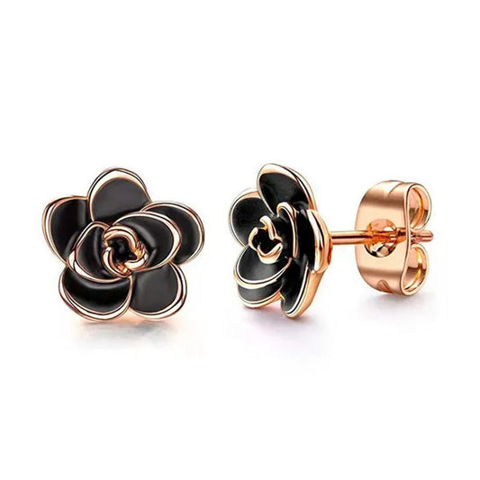 Women Fashion Black and White Rose Gold Camellia Vintage Flower Earring Stud Ear