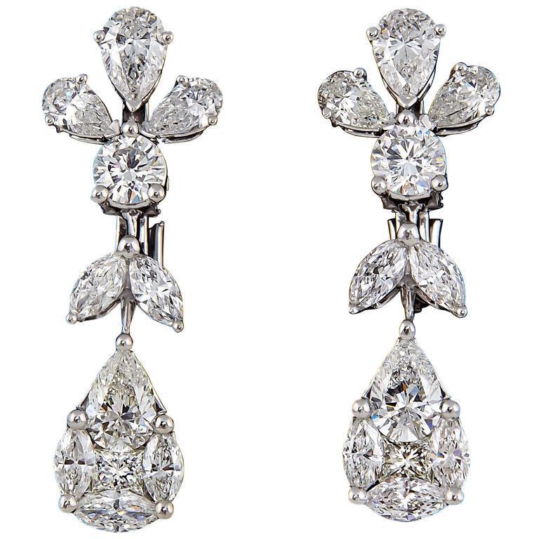 DIAMOND DANGLE DROP EARRING 3.25 CT PEAR MARQUISE ROUND 18 K WHITE GOLD DROP