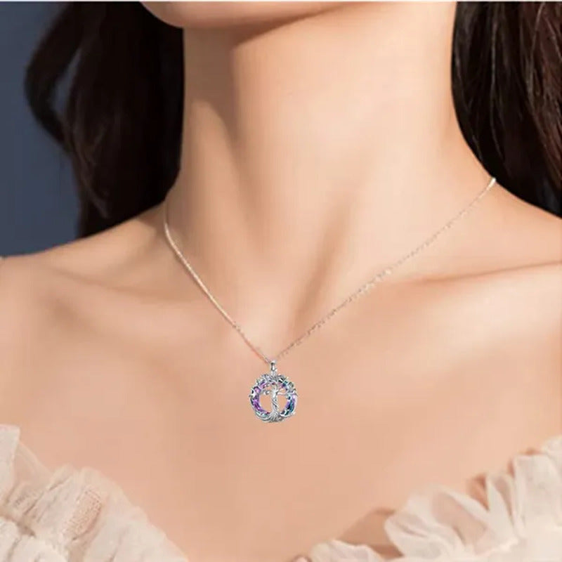 Exquisite Fashion Women'S Life Tree Necklace round Crystal Pendant Engagement Ne