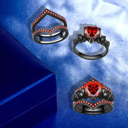 Gothic Skull Black Rings Set Women Rose Flower Red Purple Heart Love Zircon Crys