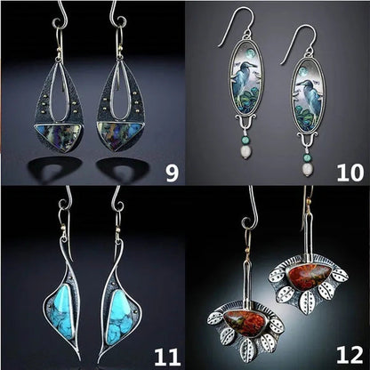 1 Pair Antique 925 Sterling Silver Pendant Earrings Natural Gemstone Inlay Dangl