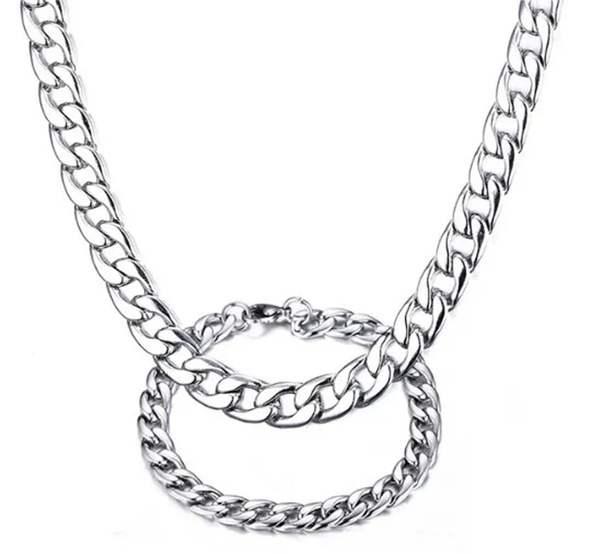 24''+8.5'' Silver stainless steel curb chain necklace and bracelet jewelry set for Mens