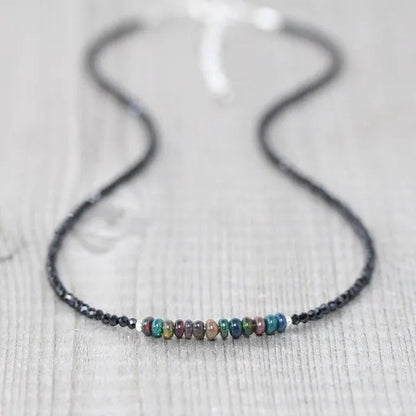 Ethiopian Welo Opal & Black Spinel Necklace. Sterling Silver, Rose, Gold Filled. Dainty Gemstone Choker.