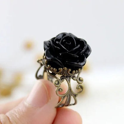 Vintage Jewelry Wholesale Hot Selling Promotion Bronze Alloy Gothic Black Rhinestone Rose Rings for Women