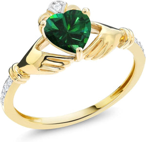10K Yellow Gold Green Simulated Emerald and Diamond Accent Irish Celtic Claddagh Ring for Women (0.74 Cttw, Available in Size 5, 6, 7, 8, 9)