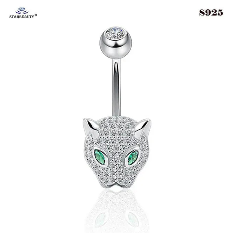 Starbeauty 1 Piece 1.6x6/8/10mm Luxury 925 Sterling Silver Navel Ring Accessories Green Eye Leopard Belly Piercing Ombligo Crystal Zircon Belly Button Rings Navel Pierc Jewelry