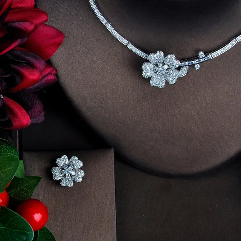 CANDICE Romantic 3D Flower Design Full Micro Pave Tiny CZ and Yellow 18K White Gold Plated Choker Necklace Earrings Set for Women Stylish Prom Party Jewelry