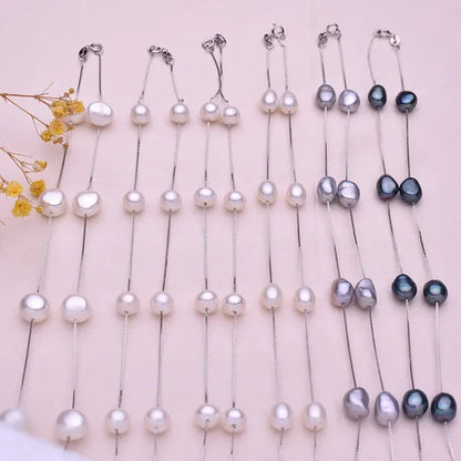 Real 925 Sterling Silver Natural White Ellipse Freshwater Pearl Chain Necklace for Women Gifts FEIGE