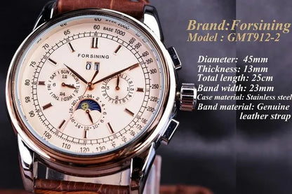 Forsining Moon Phase Shanghai Movement Rose Gold Case Brown Bracelet en cuir véritable Montres pour hommes Top Brand Luxury Auotmatic Watch