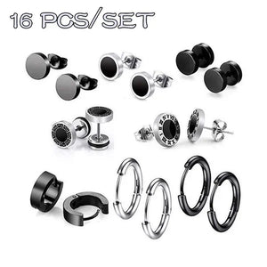 16Pcs/Set Personality Dumbbell Ear Ring Titanium Steel Female Earrings Set Fashion Male Earrings Set Hip Hop Punk Earrings