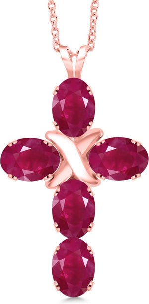 18K Rose Gold Plated Silver Red Ruby Cross Pendant Necklace for Women (3.00 Cttw, Gemstone July Birthstone, Oval 6X4MM, with 18 Inch Silver Chain)