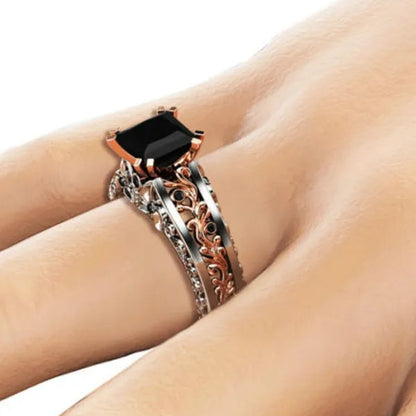 Princess Black  Stone Engagement Ring Rose 925 Sterling Silver Wedding Bridal Rings size 5-12