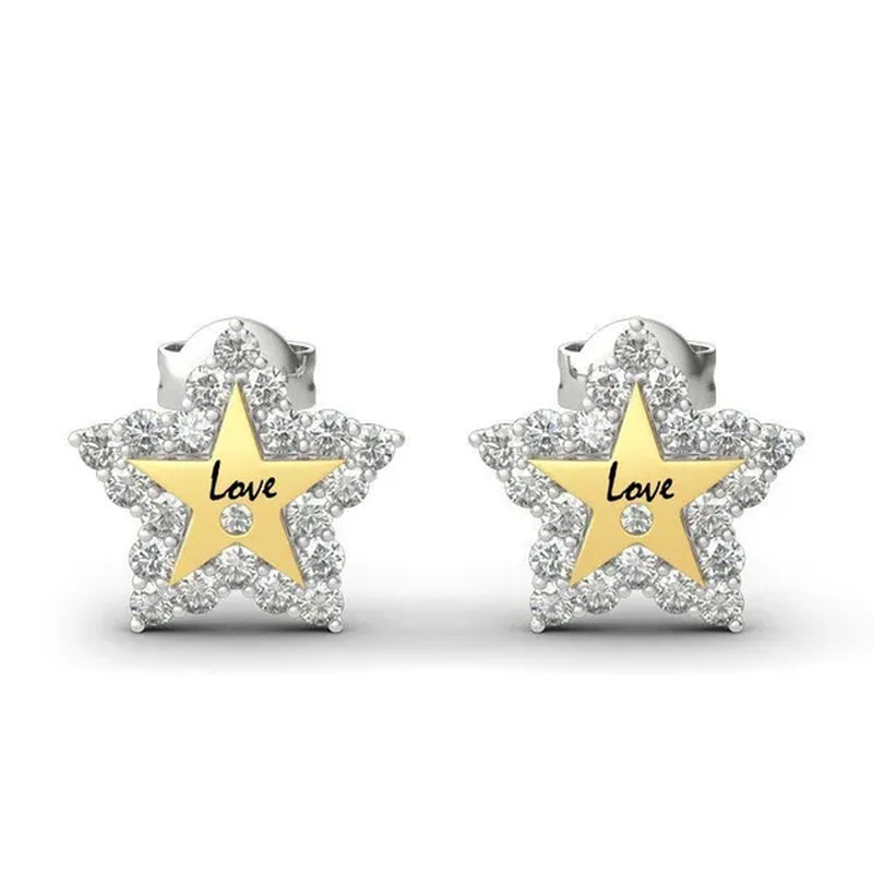 Temperament Ladies Fashion Shining Star 18K Yellow Love White Sapphire Diamond Earrings Ring
