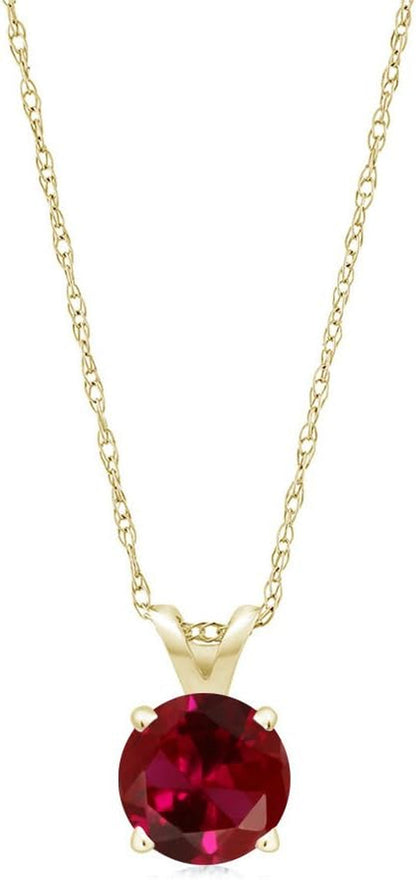 14K Yellow Gold Red Created Ruby Pendant Necklace for Women (1.00 Cttw, round with 18 Inch Chain)