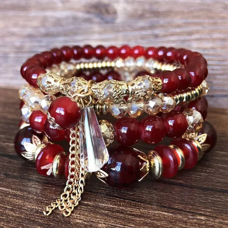 Women'S Bohemian Creative Beaded Crystal Bracelet 4 Pack Multi-Layer Beaded Fashion Bracelet