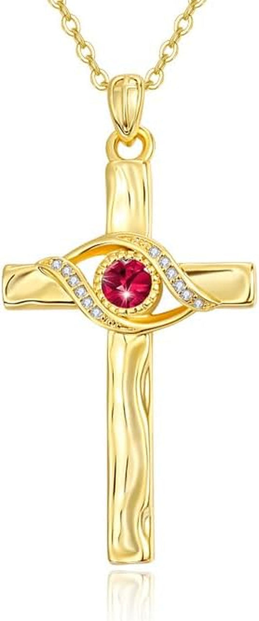 Cross Necklace for Women,14K 18K Gold Plated Evil Eye with Birthstone Pendant Necklaces Everyday Religious Faith Jewelry Birthday Christmas Gifts for Women Mom Her