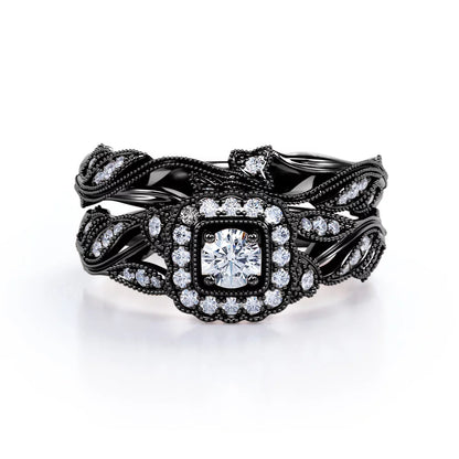 round Diamond - Edwardian Diamond Filigree Ring - Art Deco Style - Wedding Ring Set in 10K Black Gold