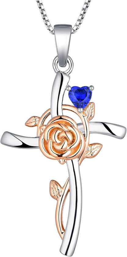 Cross Necklace 925 Sterling Silver Rose Flower Crucifix Pendant Birthstone Criss Jewelry for Women