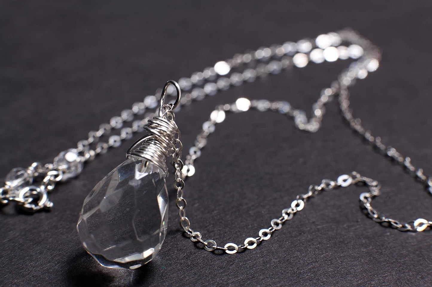 Clear Rock Crystal Quartz 12X17Mm Faceted Briolette Drop Wire Wrapped Gemstone Pendant Necklace in 925 Sterling Silver Chain and Clasp (24")