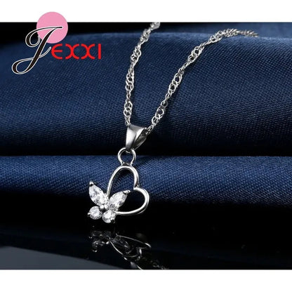 925 Sterling Silver Jewelry Set CZ Diamond Love Heart With Pretty Butterfly Pendant Necklace & Earring Wedding Party Decoration