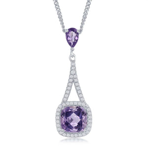 Sterling Silver High Polish Prong-Set Square Amethyst W/ White Topaz Border 17+3'' Necklace