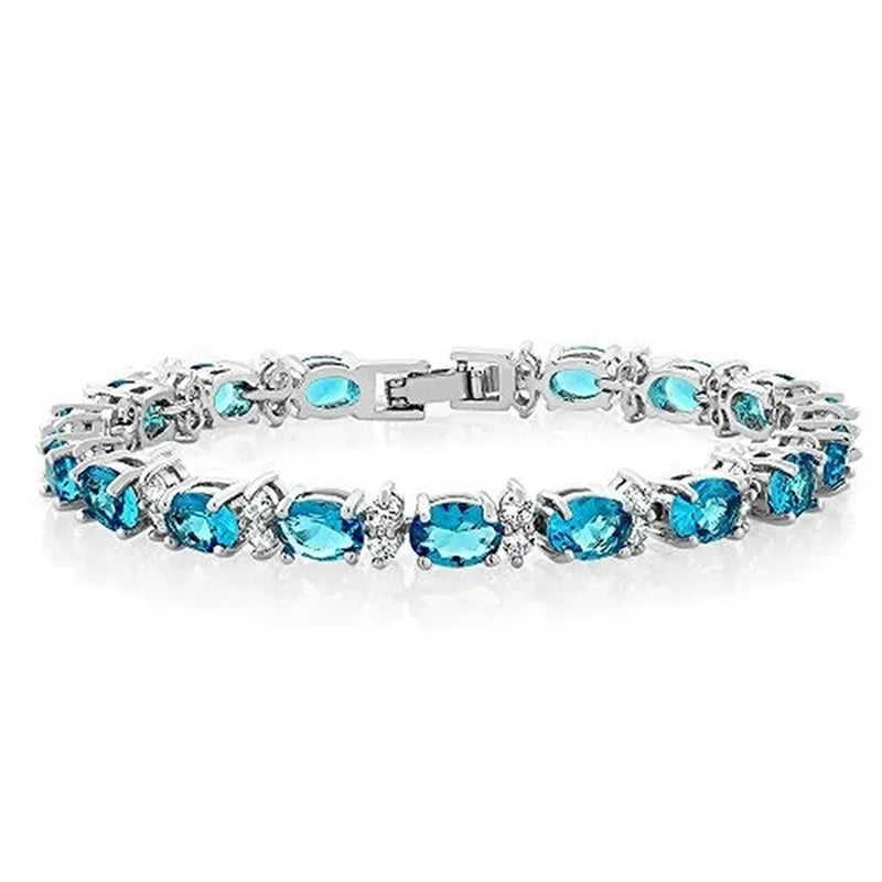 925 Sterling Silver Gorgeous Oval Ruby Amethyst Aquamarine Sapphire and round Sparkling Cubic Zirconia CZ Tennis Bracelet Jewelry Gift