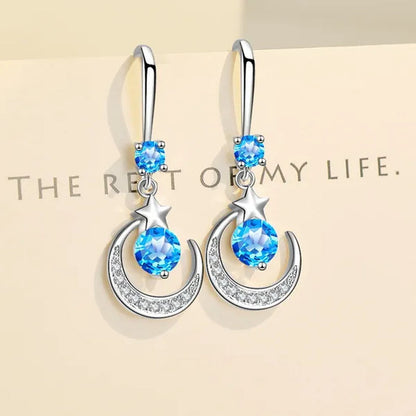 Female Fashion Star Moon Earrings Silver Plated Pink Blue White Cubic Zirconia Dangle Earrings Bride Wedding Engagement Anniversary Valentine'S Day Gift Jewelry