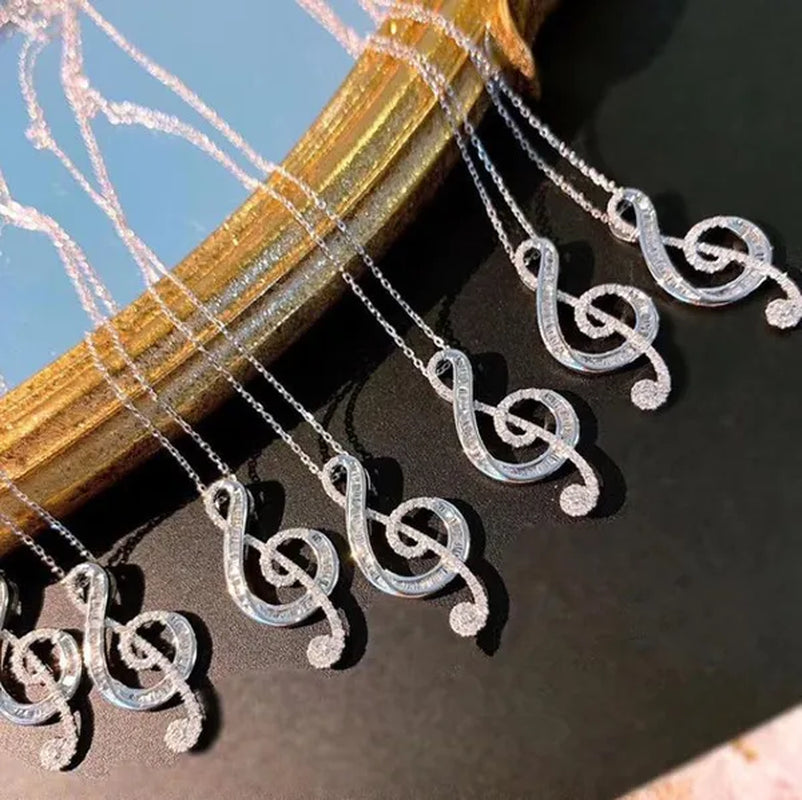 Fashion Jewelry  35 Points Note Music Notation 925 Sterling Silver Diamond Pendant Necklace