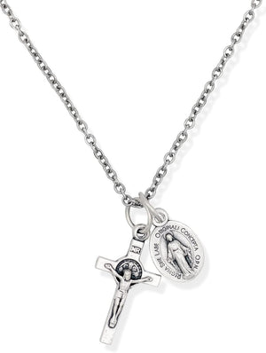 Silver Oxidized Italian Crucifix and Mary Mini Miraculous Medal Necklace on 16" Stainless Steel Chain - Jesus Mary Chain Catholic Necklace for Women, Couples Necklace, Unisex Religious Medal Necklace