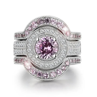 3pcs/set Top Quality 925 Sterling Silver Round Cut 8.8CT Pink & White Topaz Bridal Engagement Wedding Ring Sets