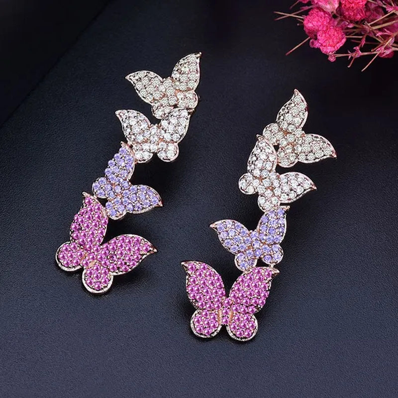 Gloriya Women'S Fashion Silver Plated Ear Jewelry Micro Pave Colorful CZ Delicate Butterfly Design Long Earrings for Dancing Party