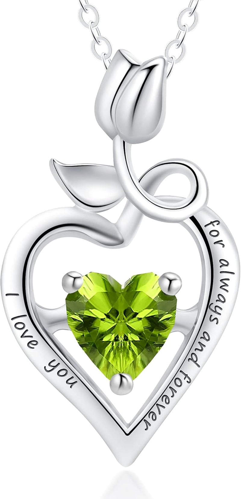 Fine Jewelry Birthstone Natural Peridot Necklace Sterling Silver Rose Flower Heart Gemstone Pendant Anniversary Birthday Gifts for Women Her Wife Mom