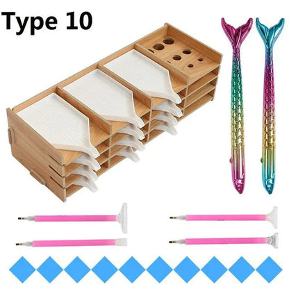 Diamond Painting Tool Tray Point Drill Pen Wood Organizer Holder Detachable Diamond Embroidery Accessories