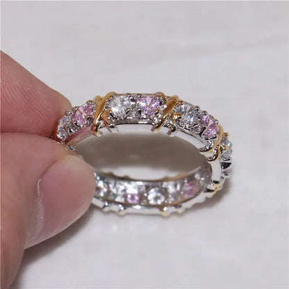 Brand Jewelry Lady's 925 Sterling Silver pink Tanzanite Couple rings Yellow Gold Cross Eternal Wedding Ring for Women