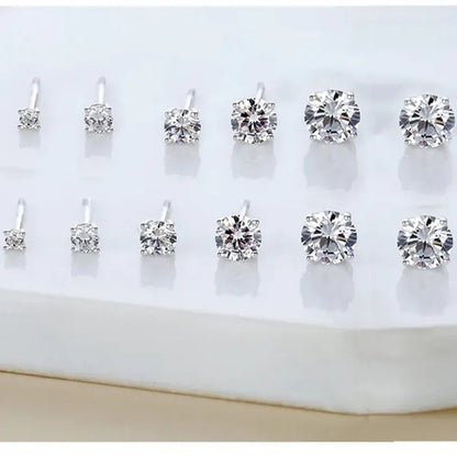 6 Pairs Stud Earrings Set, Hypoallergenic Cubic Zirconia Silver Earrings 3-8Mm