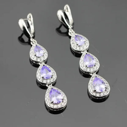 Water Drop Purple Amethyst White Topaz Zircon 925 Silver Wedding Jewelry Sets Necklace Pendant Long Earrings Rings For Women