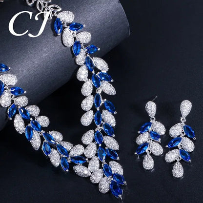 CANDICE Luxury White Gold Plated Marquise Blue Crystal Wedding Necklace Earrings Indian CZ Stone Jewelry Sets Bridal Costume Accessories