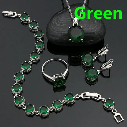 925 Sterling Silver Jewelry Set Olive Green Cubic Zirconia Retro Earrings Ring Pendant Necklace Bracelet 4Pcs for Bride