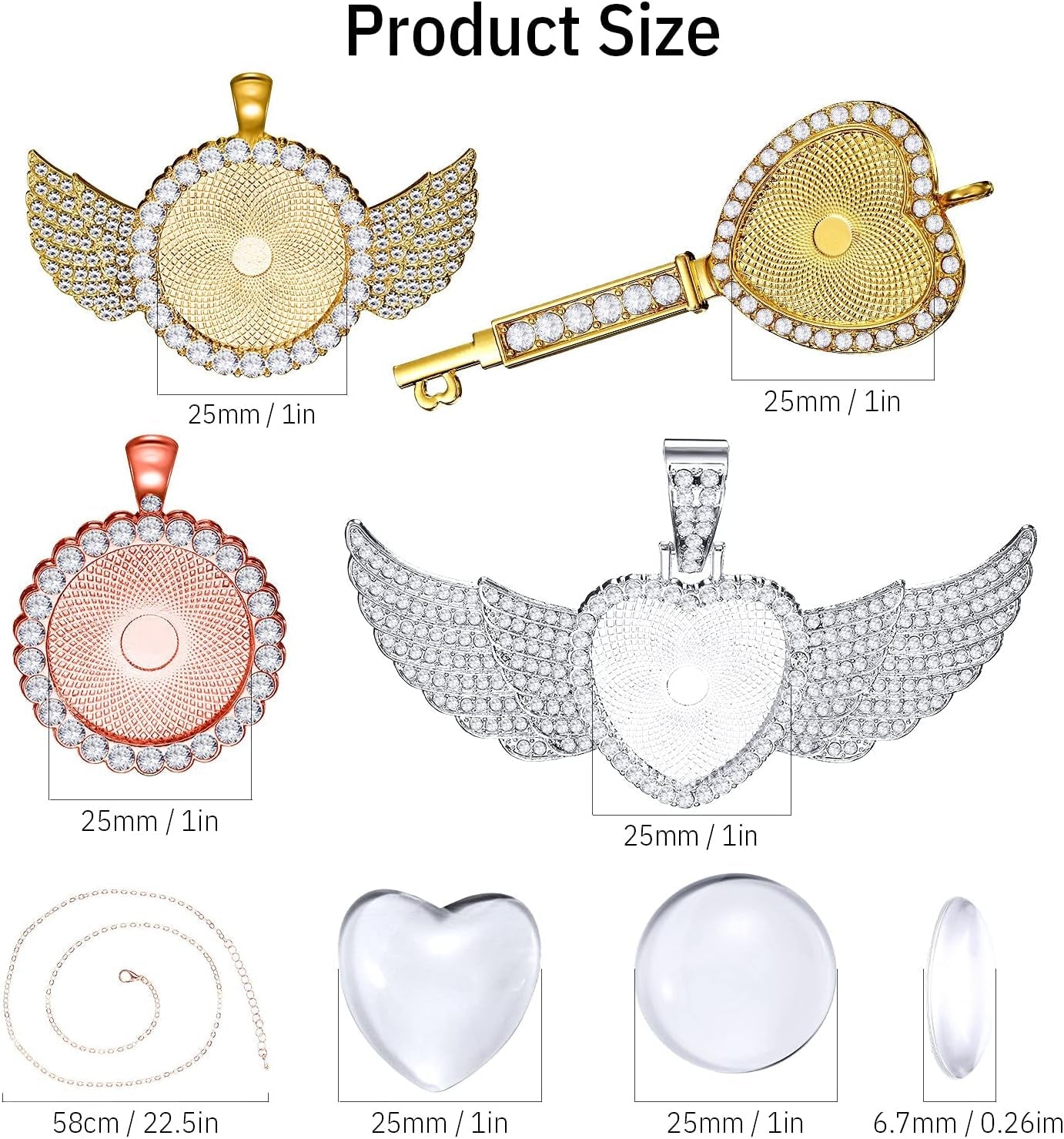 36 Pieces 25Mm Rhinestone Pendant Set, 12 Pieces 3 Shape Rhinestone Wing Bezel Pendant Tray 12 Piece Clear Glass Cabochons 12 Lobster Clasp Link Necklace Chain for DIY Jewelry Craft