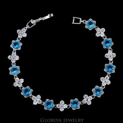 Gloriya Elegant Goddess Silver Plated Link Bracelet Cluster Flower Shape White and Blue AAA Grade Zircon Charm Tennis Bracelet for Women
