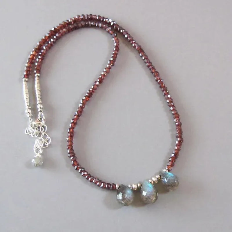 Labradorite Mystic Red Garnet Necklace Sterling Silver DJStrang Boho Chic Red Gray Blue Green Gemstone Spectrolite Briolette Sundance Style