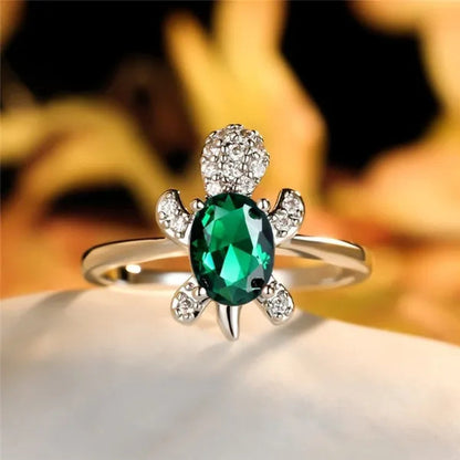 Rainbow Stone Turtle Rings Cute Animal Sea Turtle Ring White Sapphire Diamond Ring Ocean Style Turtle Aquamarine Crystals Rings for Women and Men Birthday Party Anniversary Gift Wedding Engagement Ring Jewelry 14 Colors Size 5-11