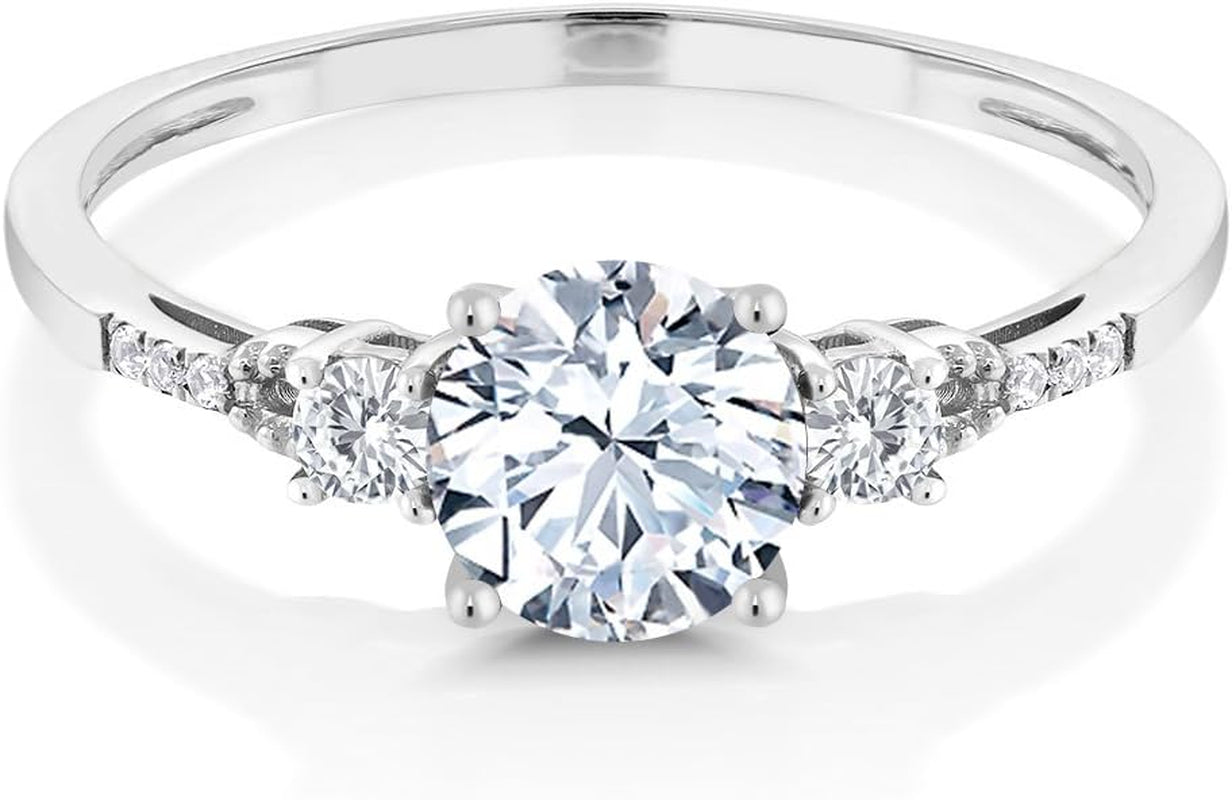 10K White Gold White Created Sapphire and White Diamond Accent 3-Stone Engagement Ring for Women (1.35 Cttw, round 6MM, Gemstone September Birthstone)